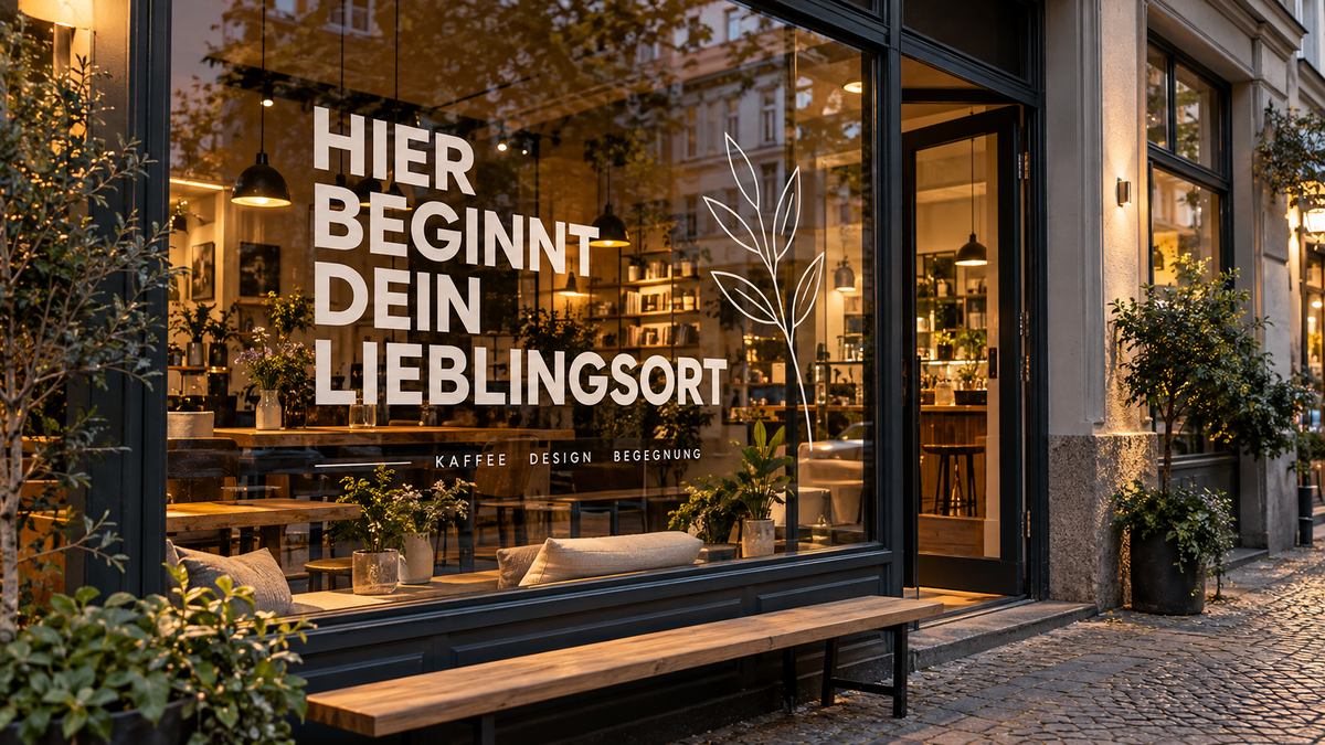 Gestaltete Ladenfront mit Schaufensterbeschriftung als Beispiel