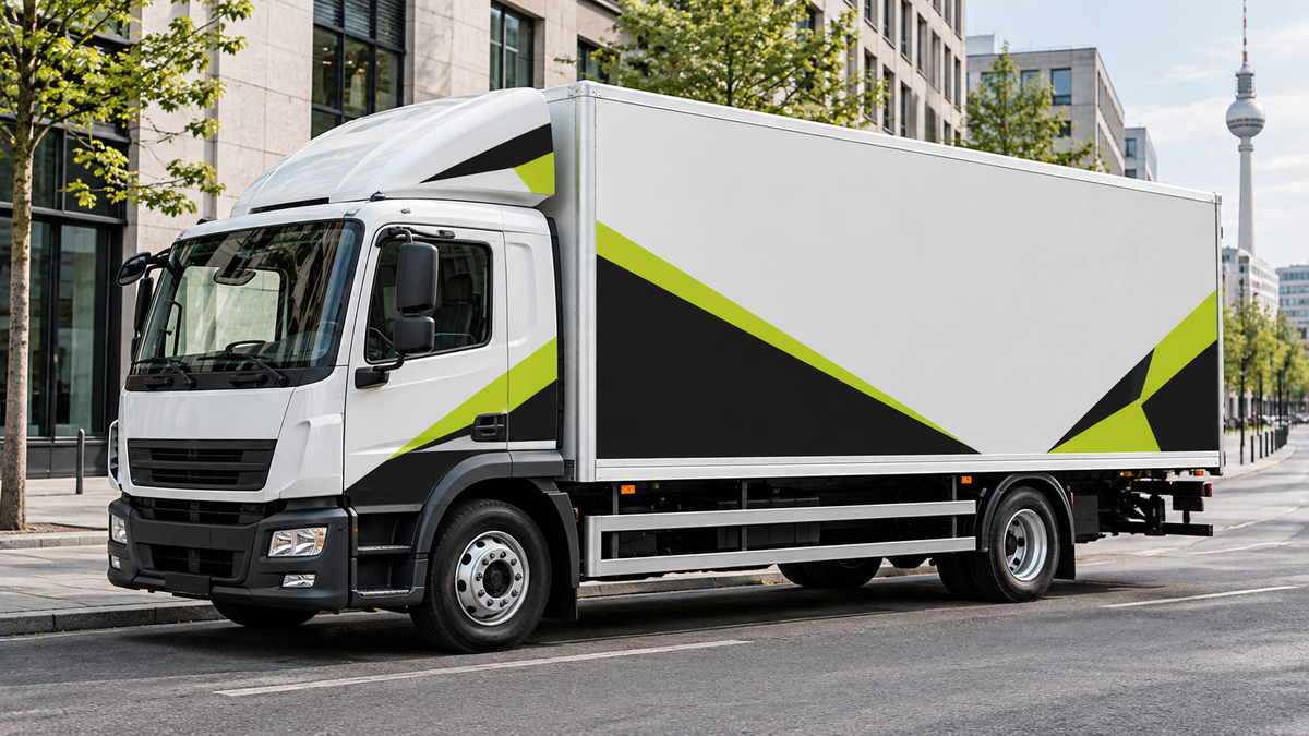 LKW mit Beschriftung und Kontaktdaten als beispielhafte Gestaltungsvisualisierung