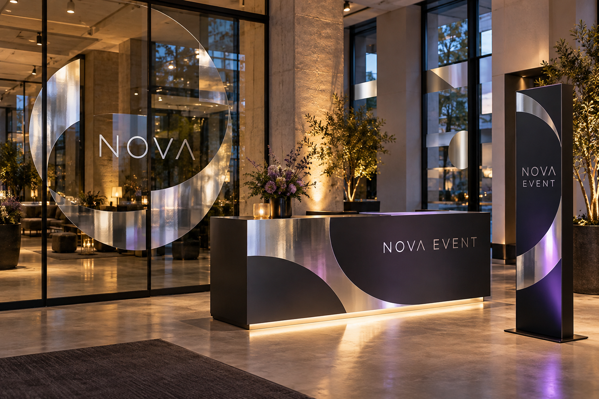 NOVA EVENT mit verspiegelten Folien auf Glas, Counter und Aufsteller