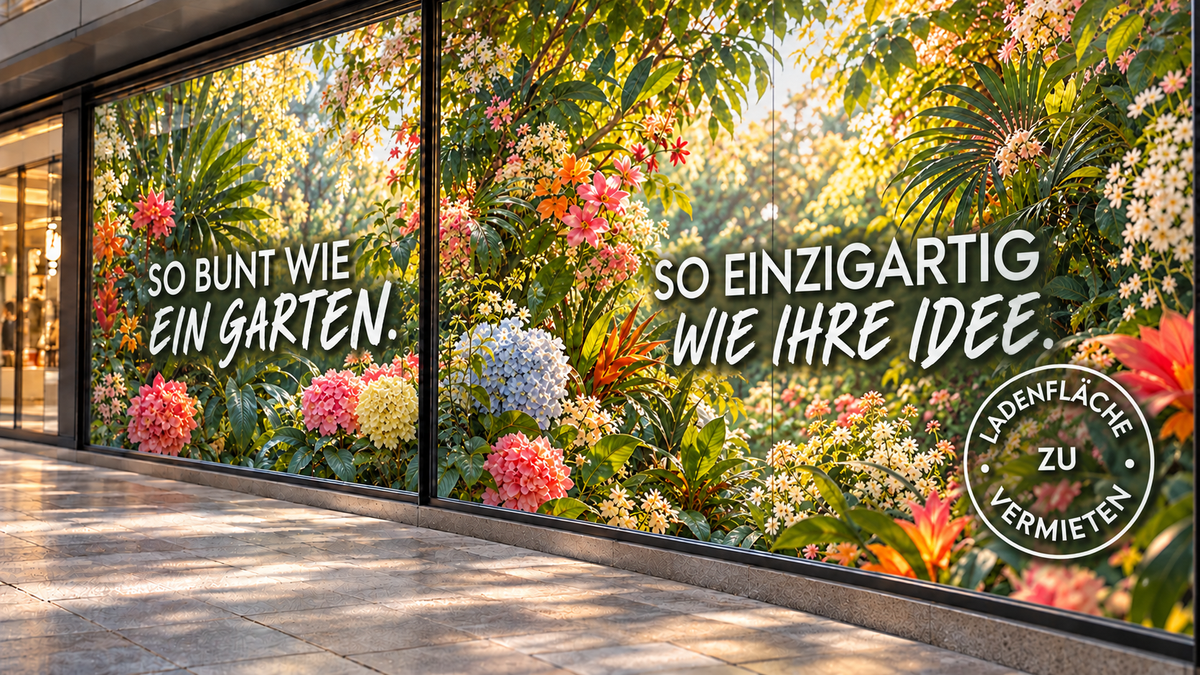 Vollflächiger Garten-Digitaldruck auf einer Ladenfront mit dem Slogan So bunt wie ein Garten und dem Hinweis Ladenfläche zu vermieten.