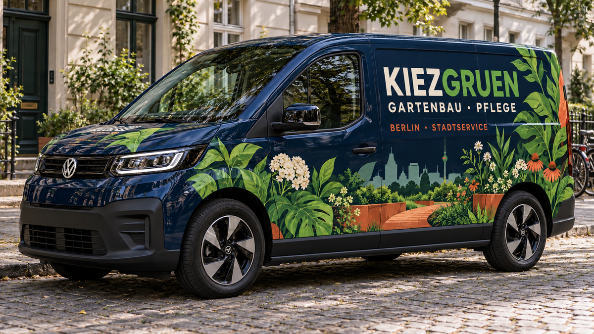 VW Transporter mit detailreicher Kiezgruen-Gartenbau-Beschriftung und freiem Seitenschweller