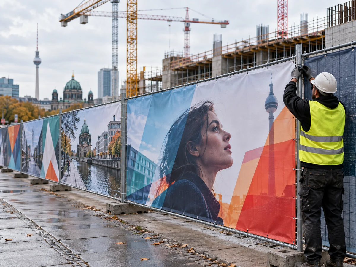 Großes Werbebanner an einem Bauzaun in Berlin