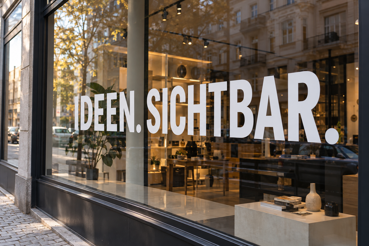 Großer weißer Folienplot-Schriftzug IDEEN. SICHTBAR. auf einer Schaufensterscheibe