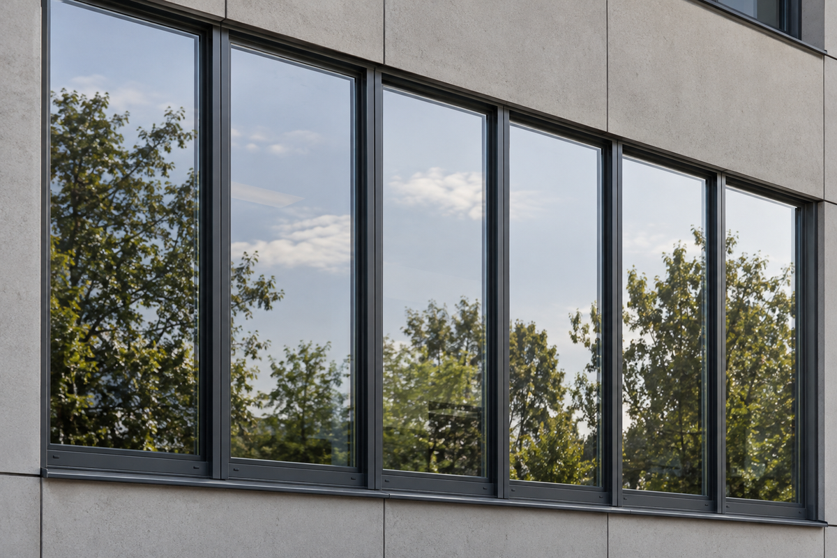 Außenansicht schmaler Bürofenster mit Sonnenschutzfolie