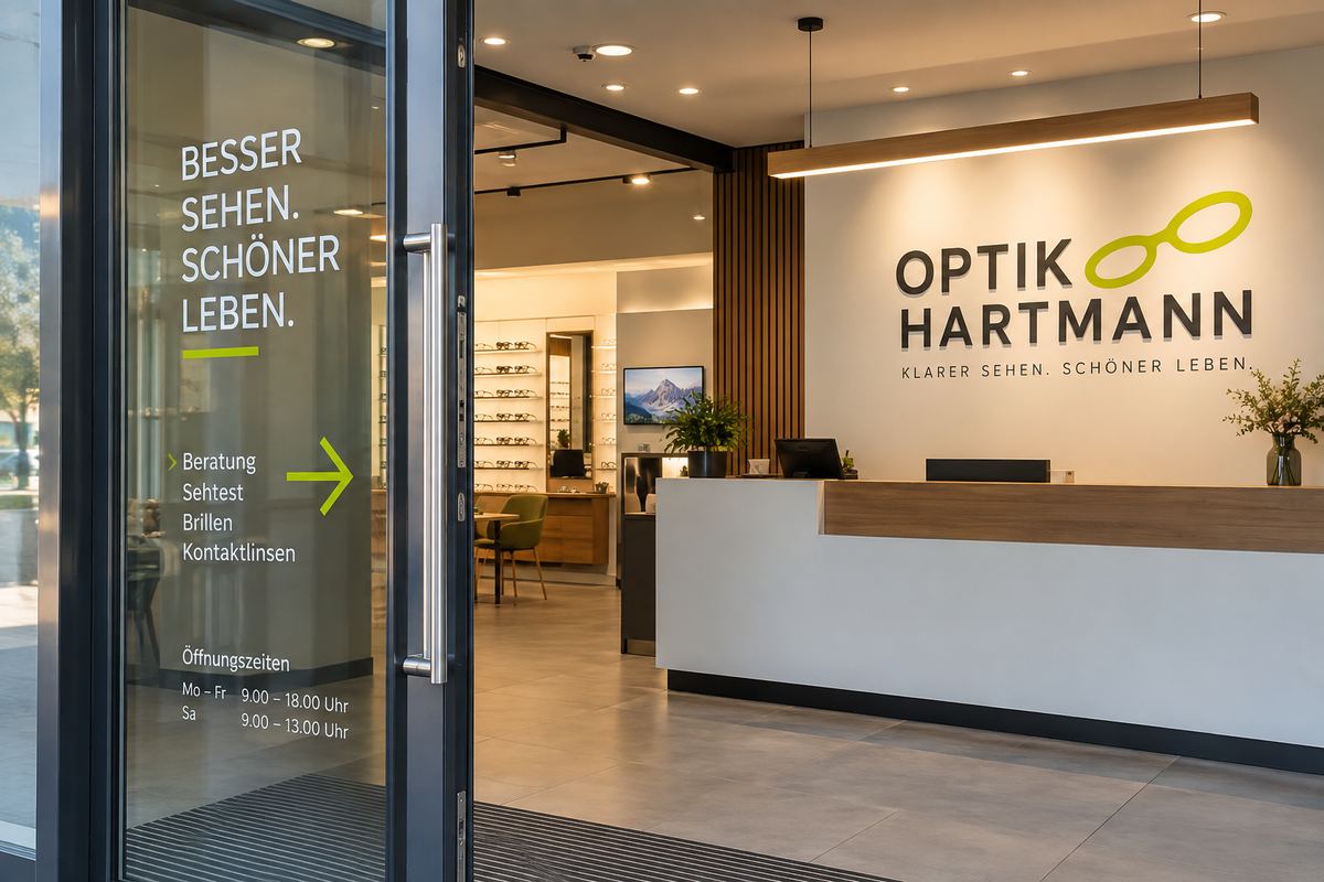 Optikgeschäft mit Innenbeschriftung, Wandlogo und Wegweisung auf der Glastür