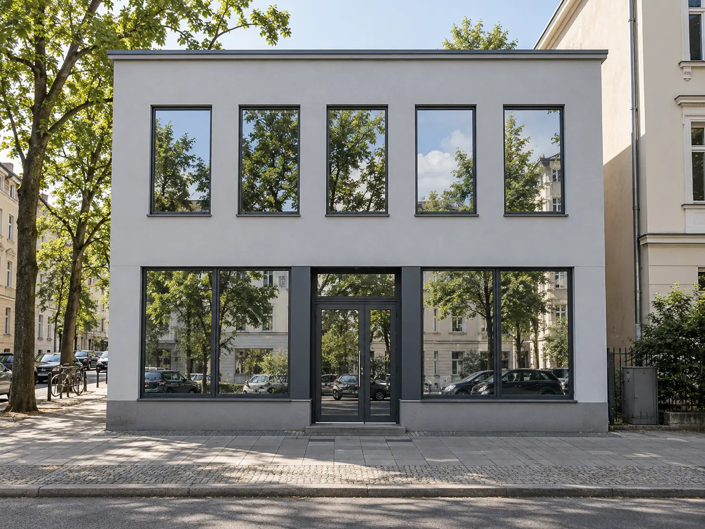 Kleines Geschäftsgebäude mit außen spiegelnder Sonnenschutzfolie auf kleinteilig geteilten Fenstern