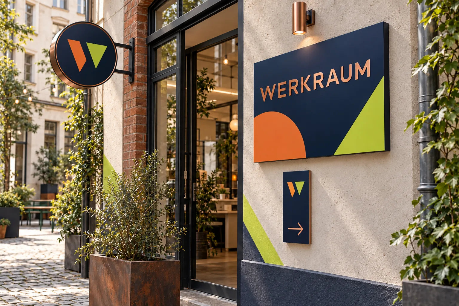 Werkraum-Schild mit präzisem Streifenabschluss vor einer Ziegelwand