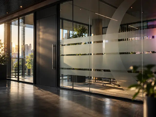Konzeptvisualisierung: Büro mit Glasdekor-Sichtschutz und anthrazitfarbener Tür als Motiv für Glas- und Oberflächenfolierung