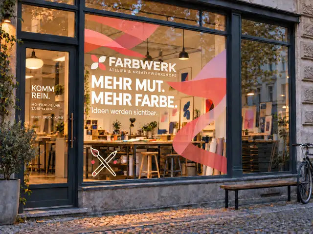 Konzeptvisualisierung: Schaufensterwerbung für ein Maleratelier mit weißer Beschriftung und Pinselgrafiken