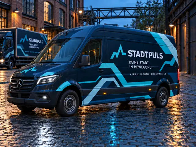 Konzeptvisualisierung: Beschrifteter Mercedes Sprinter mit türkisfarbenem Design und Lkw im Hintergrund