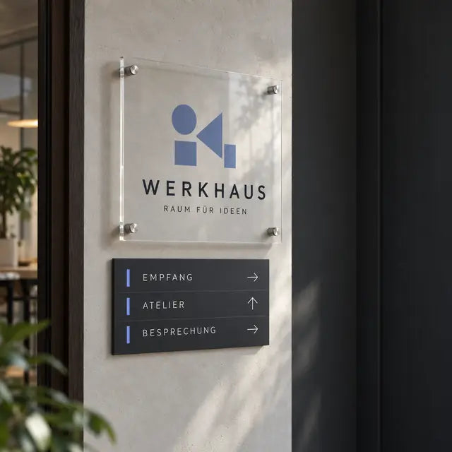 Konzeptvisualisierung: Transparentes Acrylschild und Wegweiser für Werkhaus